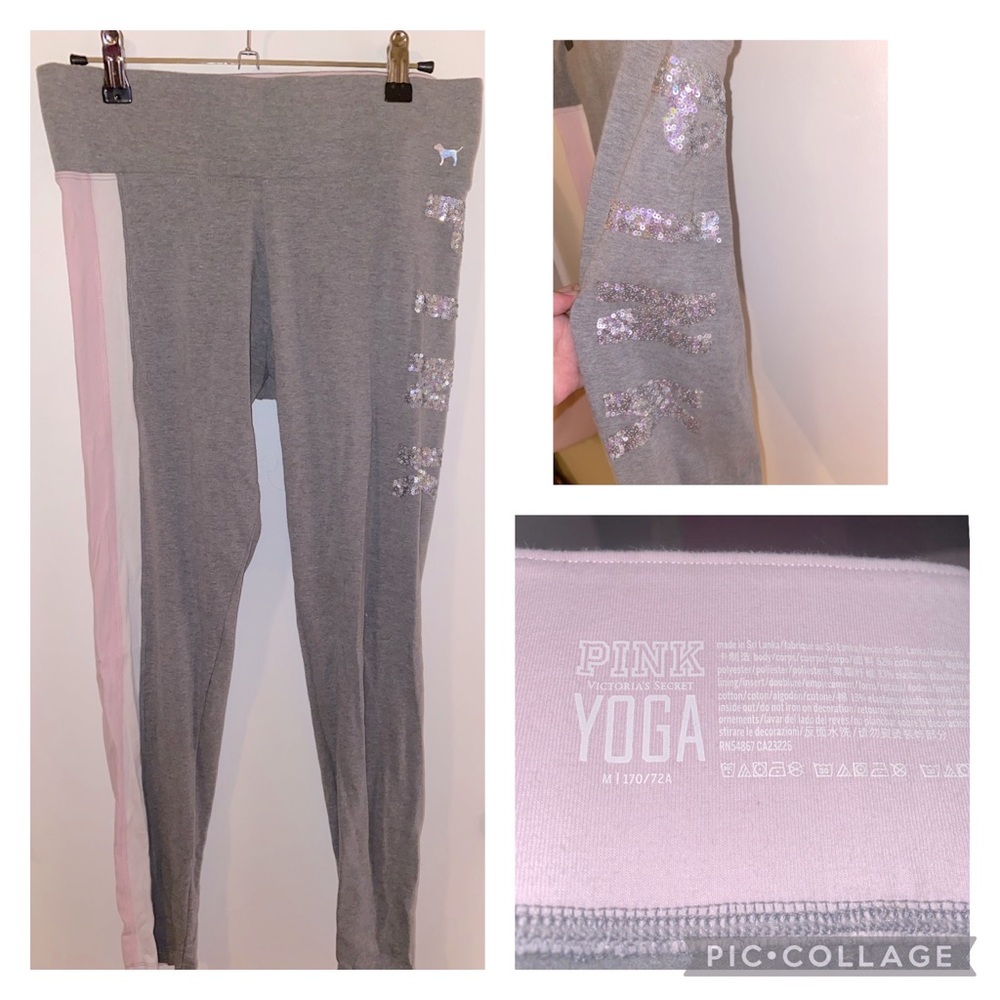 EUC Victoria’s Secret Pink Yoga Leggings Light Grey/Pink with Bling size Medium